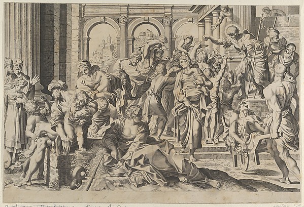 Anonymous, Saint Roch at right distributing alms to a group of people gathered around him, after Annibale Caracci