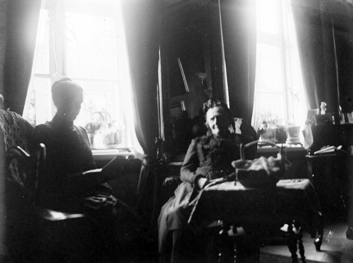 Juliane Fredrikke Langberg, Interiør med 2 kvinner, ant. på kapellangården Bergenhus i Rakkestad der fotografens søster Louise var gift med res.kap. Olaf A.Holm (i tjeneste der 1884-97). Den yngste lesende t.v. er muligens Emily Langberg, fotografens eldste søster. Eldre dame t.h. i rikt møblert rom med stort speil i bakgrunn…