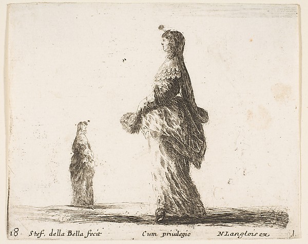 Stefano della Bella, A noblewoman walking towards the left with a feathered fan, another woman in background to left, plate 18 from "Diversi capricci"