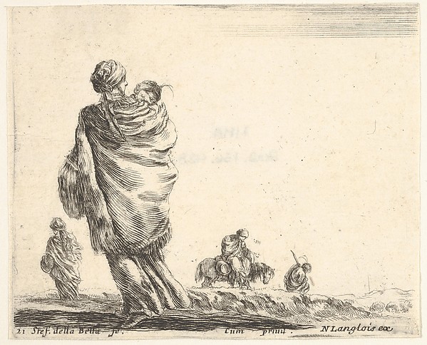 Stefano della Bella, Plate 21: a poor woman to left, seen from behind, enveloping her child in a shawl, another woman seen from behind to left in background, a woman atop a horse and a man to right in background, from "Diversi Capricci"