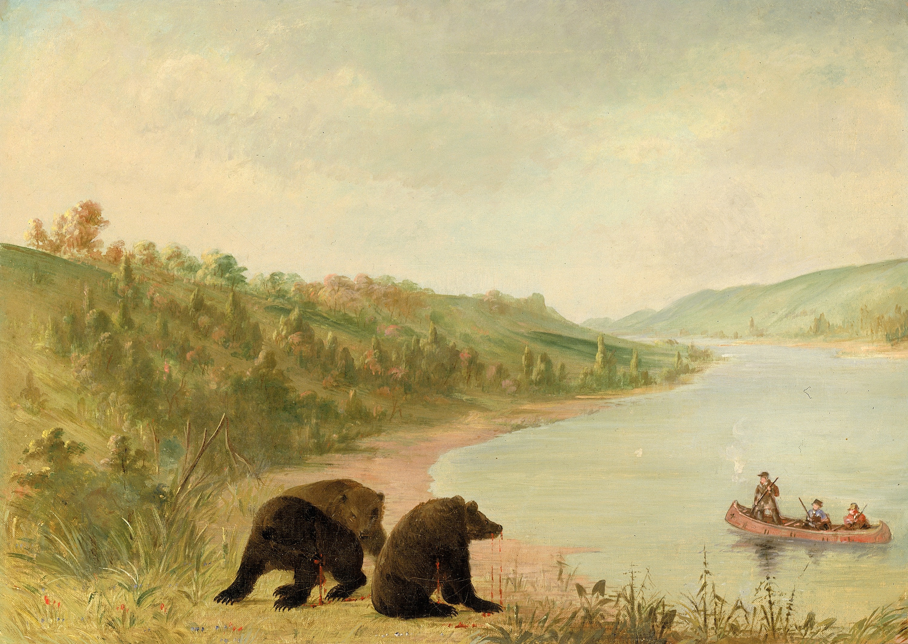 George Catlin, Catlin and His Men in Their Canoe, Urgently Solicited to Come Ashore, Upper Missouri