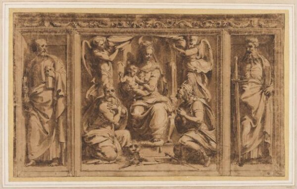 Perino del Vaga, Design for three painted or sculptured panels in an ornamented frame: in the middle the Virgin and Child adorded by St Jerome and a king; to the left and right St Peter and St Paul