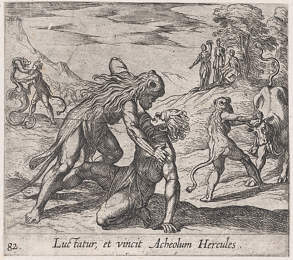 Antonio Tempesta, Plate 82: Hercules and Acheloüs (Luctatur, et vincit Acheolum Hercules), from Ovid's 'Metamorphoses'