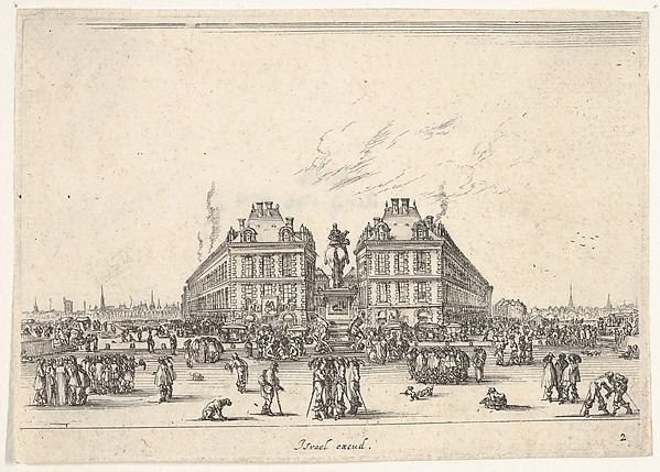 Stefano della Bella, Plate 2: La Place Dauphine, on the coast of Pont Neuf, the equestrian statue of Louis XIII in center, seen from the back and numerous figures, from "Various Figures" (Agréable diversité de figures)