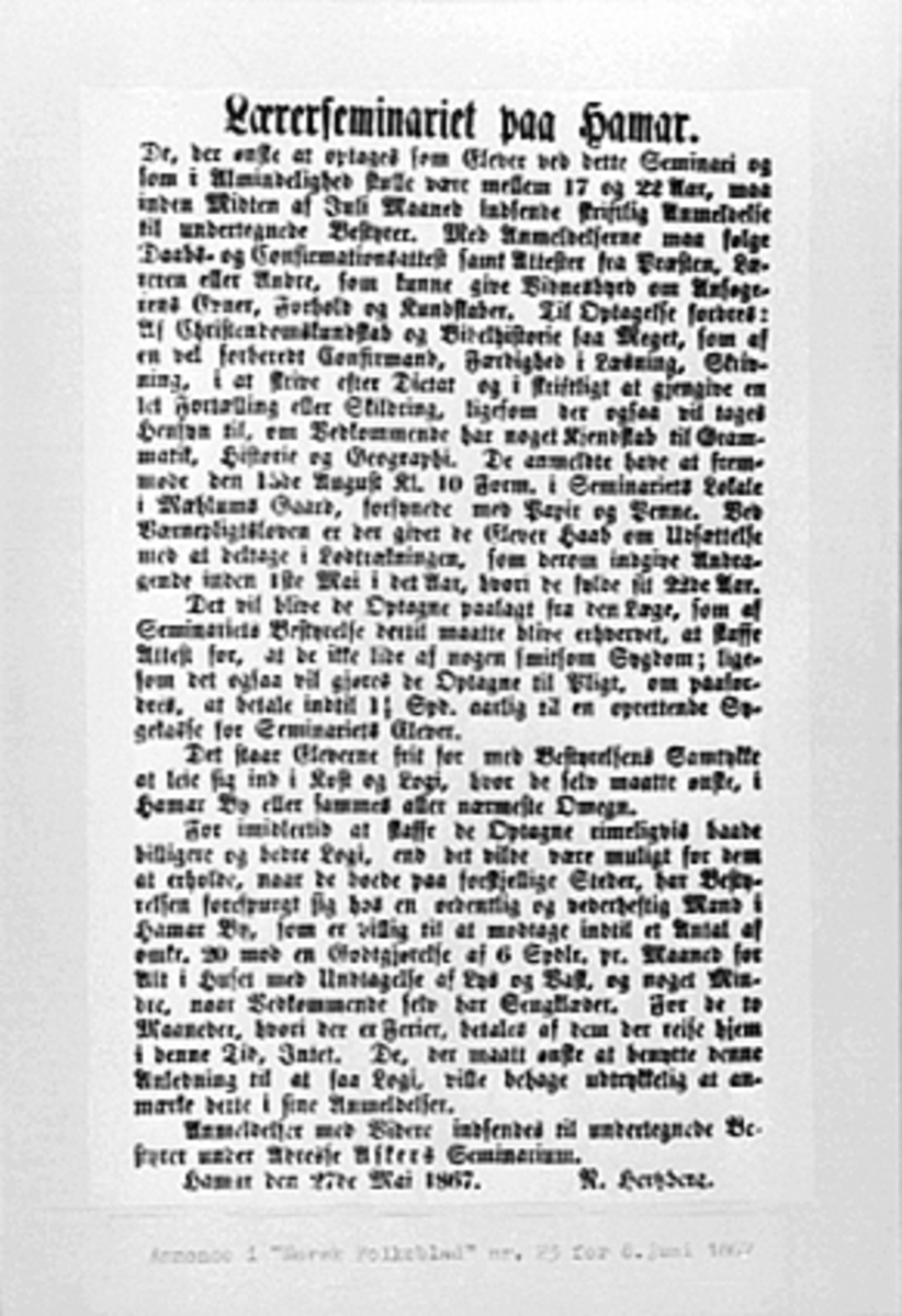 Anno Domkirkeodden, Annonse i Norsk Folkeblad nr. 23, "Lærerseminariet paa Hamar", Hamar lærerskole.