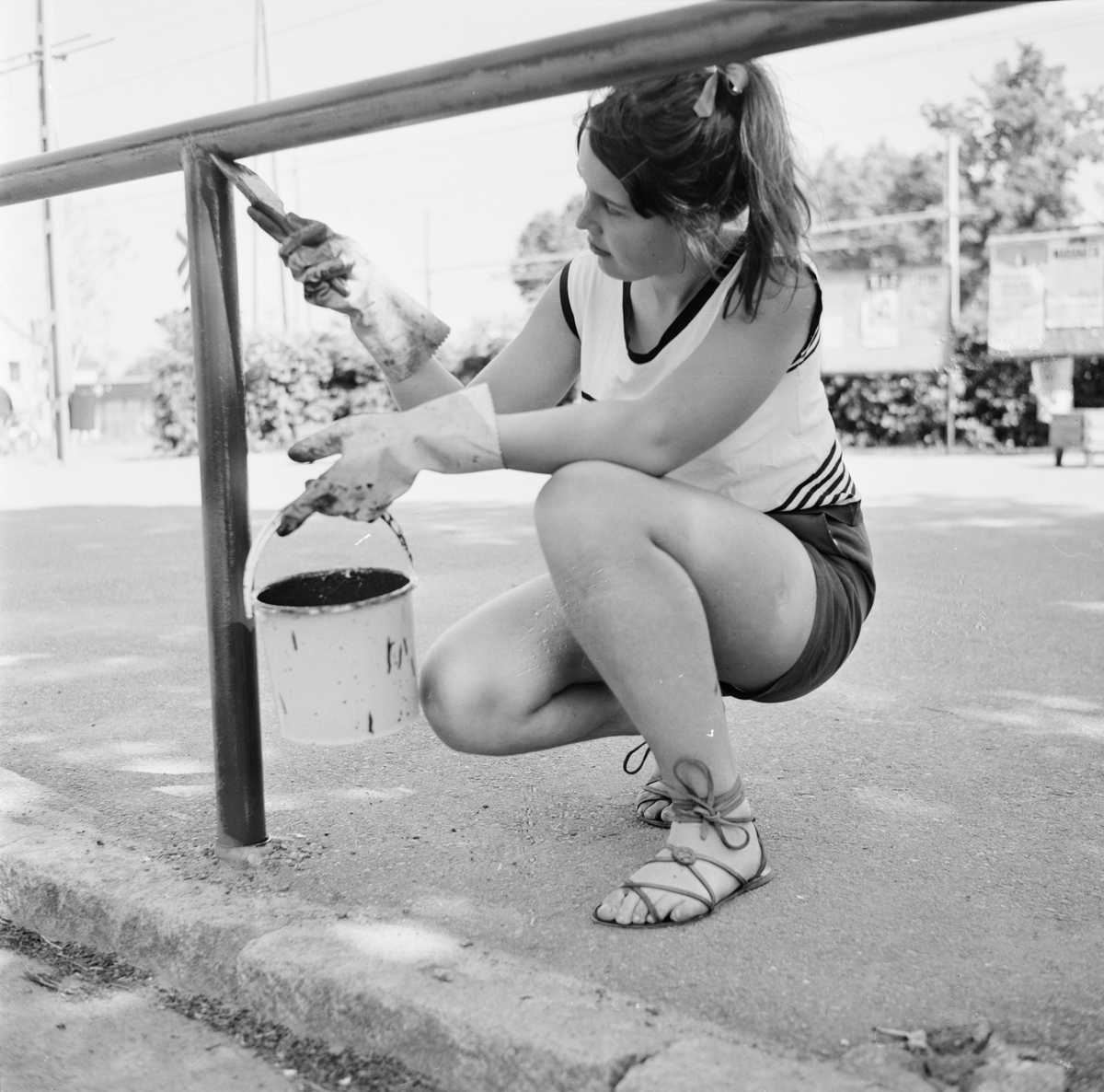 Tierp Arbetarbladet, Anneli Morberg målar staket under sitt feriearbete hos Tierps köpings parkavdelning, Tierp, Uppland juni 1968