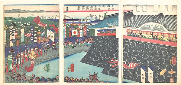 Tsukioka Yoshitoshi, Hideyoshi and His Troops Leaving Nagoya Camp (Mashiba Hideyoshi kō nagoya jin saki te no shoshō kuridashi no zu)