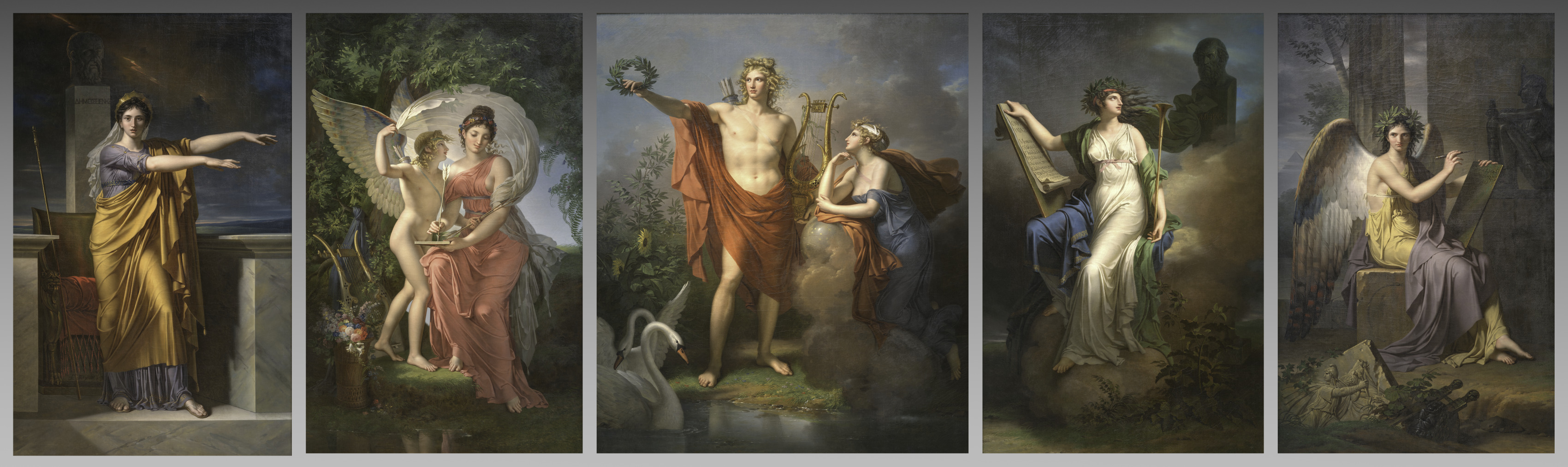 Charles Meynier, Polyhymnia, Muse of Eloquence; Erato, Muse of Lyrical Poetry; Apollo, God of Light, Eloquence, Poetry, and the Fine Arts with Urania, Muse of Astronomy; Calliope, Muse of Epic Poetry; Clio, Muse of History