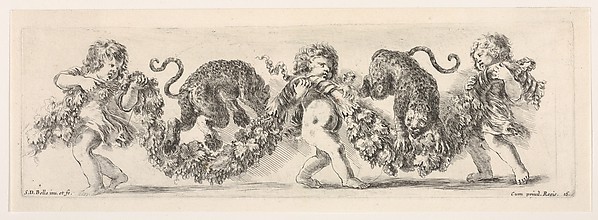 Stefano della Bella, Design for a Frieze with Three Putti holding a Garland and Two Leopards jumping over it, plate 16 from "Decorative friezes and foliage" (Ornamenti di fregi e fogliami)