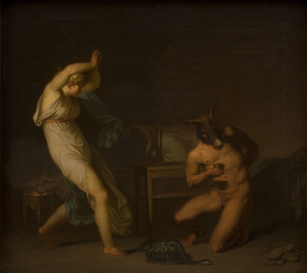 Nicolai Abildgaard, Tjenestepigen Fotis forfærdes over, at heksesalven forvandler hendes elsker Lucius til et æsel og ikke til en fugl. Motiv fra Apulejus: Det gyldne æsel