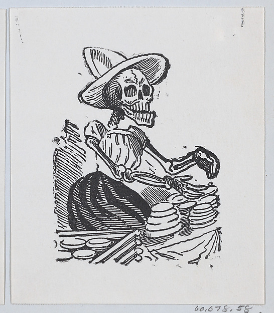 José Guadalupe Posada, A skeleton selling cheese from a broadside entitled 'Una Calavera Chusca'