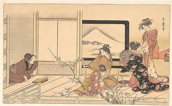 Kitagawa Utamaro, “Preparing Food for the Warbler,” from the album Men’s Stamping Dance (Otoko dōka, uguisu no esa suri)