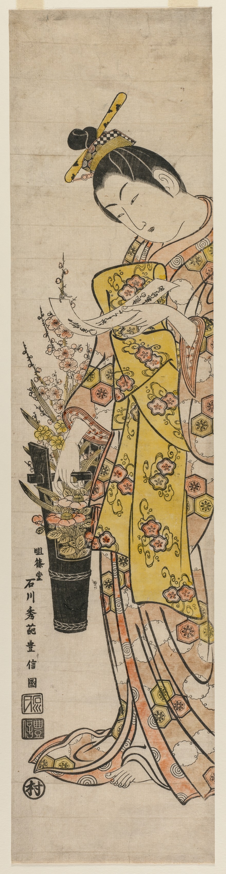 Ishikawa Toyonobu, Courtesan Reading a Poem Slip Tied to Flowers in a Vase