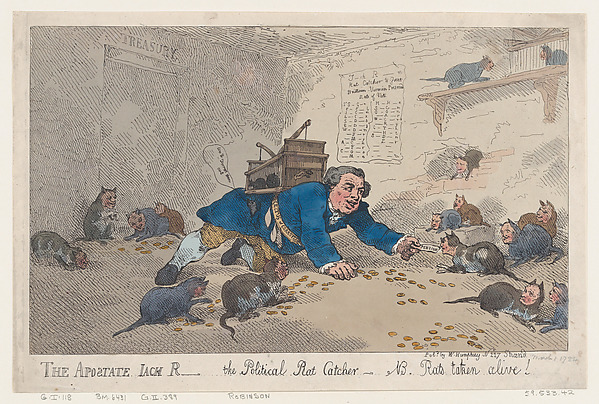 Thomas Rowlandson, The Apostate Jack Robinson, The Political Rat Catcher–N.B. Rats Taken Alive!