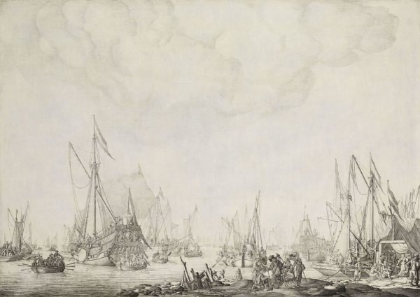 Willem van de Velde (I), The Royal and State Yachts, possibly the Arrival of Charles II of England at Moerdijk, 1660