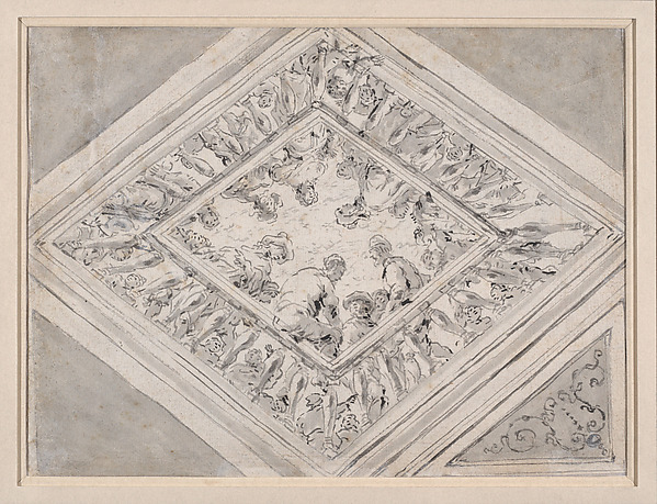 Leonaert Bramer, Ceiling Design with Figures along a Lozenge-Shaped Balustrade (recto); Alternative Design with Groups of Figures along a Lozenge-Shaped Window (verso)