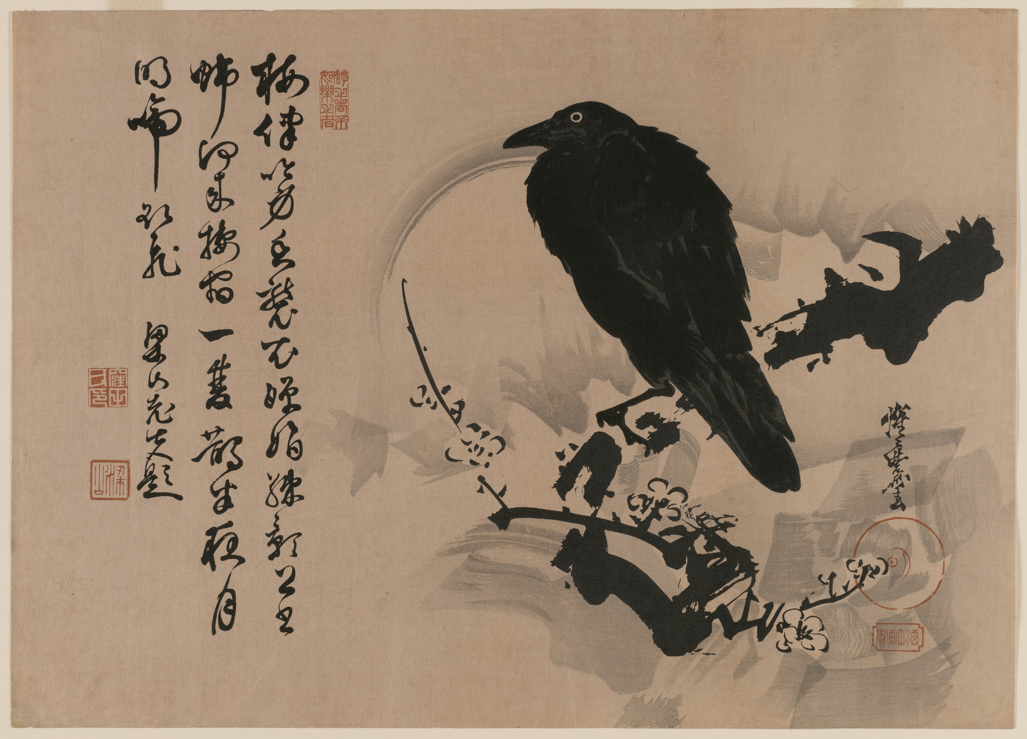 Kawanabe Kyōsai, Full Moon with Crow on Plum Branch