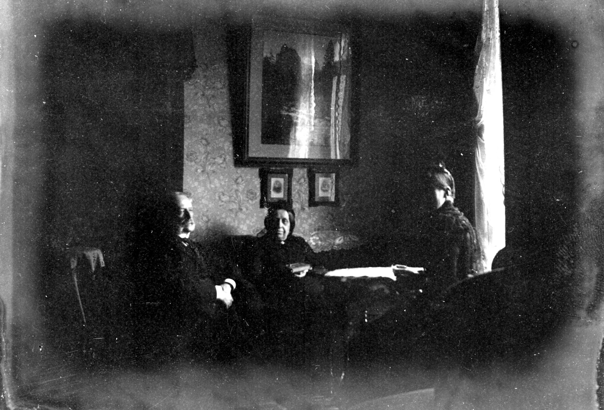 Juliane Fredrikke Langberg, Interiør med eldre ektepar i sofa og kvinne t.h. Sigrid f. Holm, fotografens niese, hos sine svigerforeldre i Hamburg. Innrammede bilder på veggen. Fra malerinne Juliane Fredrikke Langbergs (1856-1930) samling, tatt ca.1895-1910 med motiver fra slekt og venner samt steder tilknyttet samvær med diss…