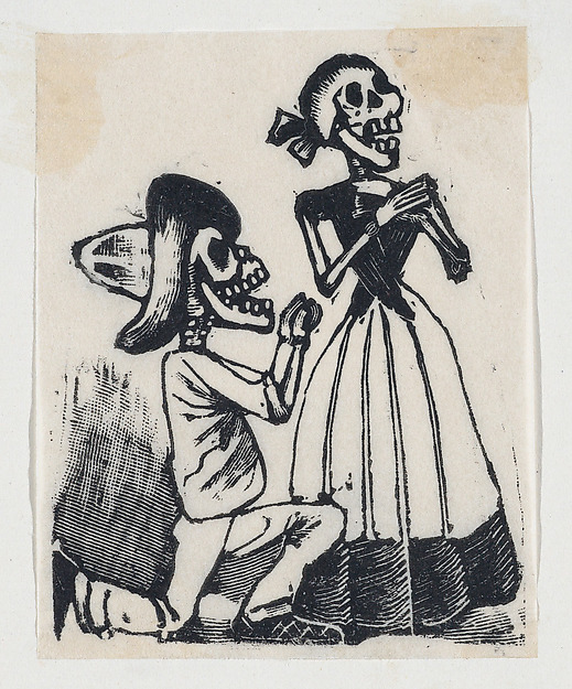 José Guadalupe Posada, A male skeleton on his knees before a female skeleton (vignette for the feast of the dead)