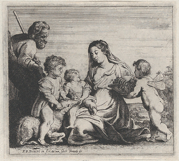 Willem Panneels, The Holy Family and Saint John the Baptist playing with a lamb, an angel at right