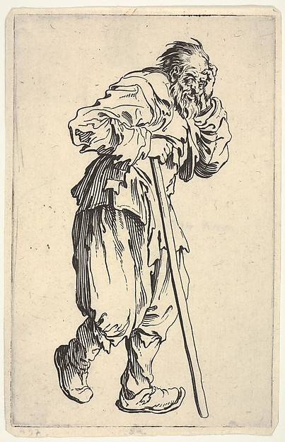 Jacques Callot, Bearded man, dressed in rags, holding his head with one hand and a walking stick with the other, from "The Beggars" (Les Gueux)