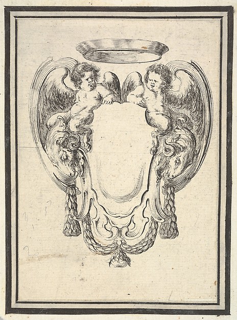Stefano della Bella, A cartouche flanked by two winged infant satyrs riding on the heads of two rams, plate 12 from "Nouvelles inventions de Cartouches"