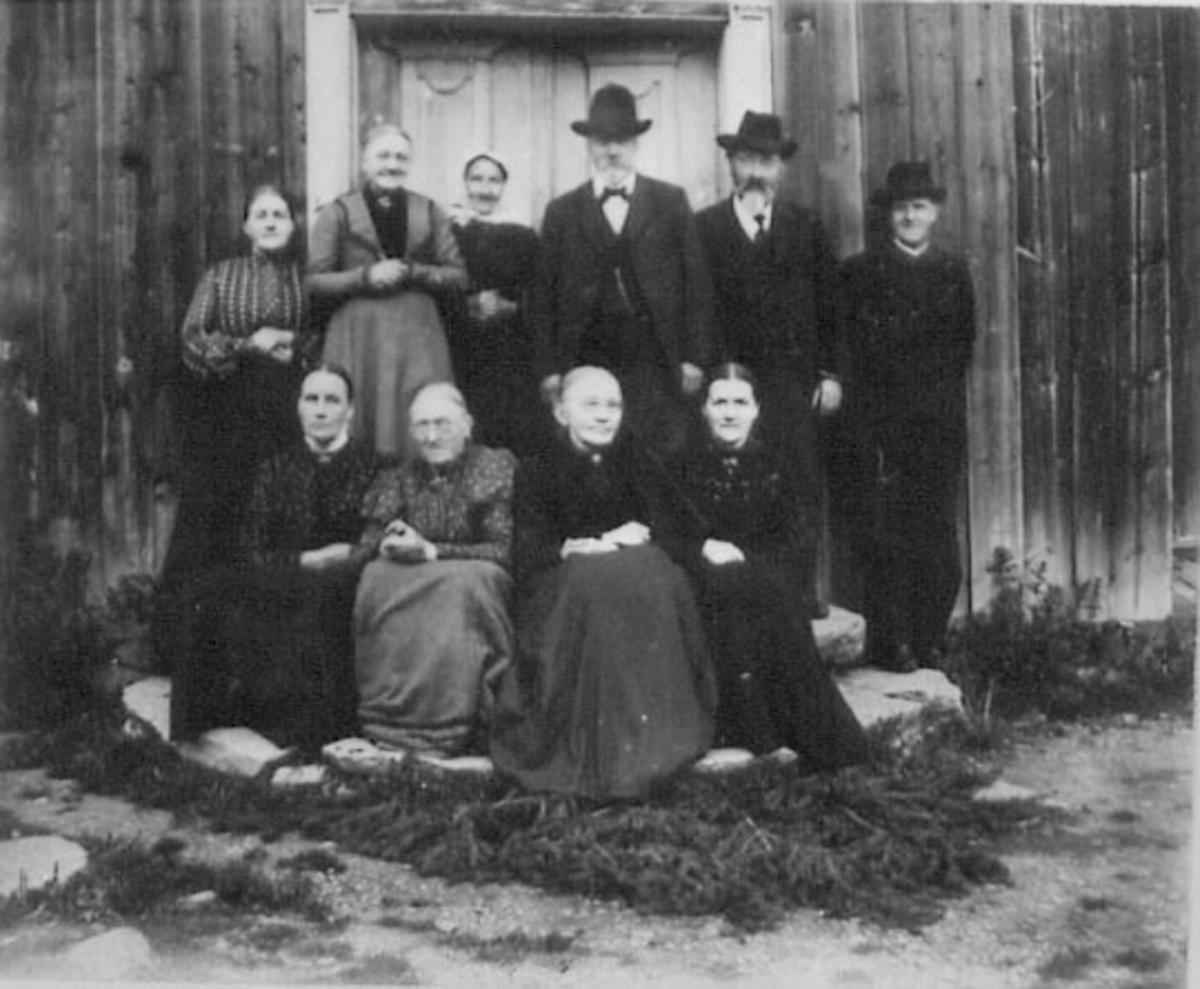 Normann Helger, GRUPPE: 10 FAMILIEN LANG REE. STANGE, REE STORE/KJERNMYR. /HAUGFRA VENSTRE: RANDI HAGEN, MARTE FRANG FØDT LANG REE, INGEBORG LANG REE, KIRSTI LANG REE FØDT GALGUM, 2 RAD:MARTE LANG REE FØDT HOLENG, MARIE SÅSTAD FØDT: LANG REE, ANDERS LANG REE, MONS SÅSTAD, AGATON MELBY.