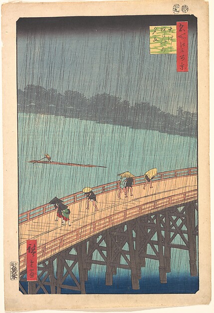 Utagawa Hiroshige, Sudden Shower over Shin-Ōhashi Bridge and Atake (Ōhashi Atake no yūdachi), from the series One Hundred Famous Views of Edo (Meisho Edo hyakkei)