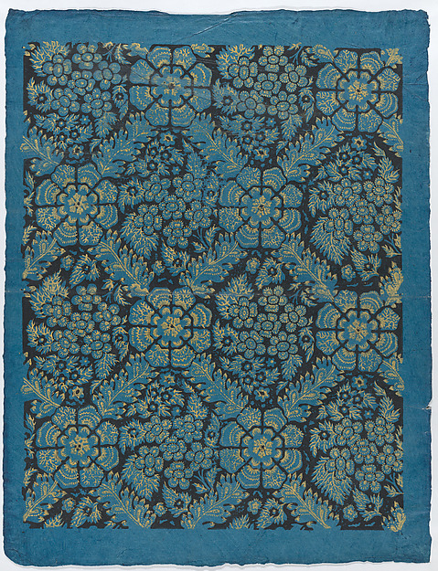 Anonymous, Sheet with overall floral pattern on blue background