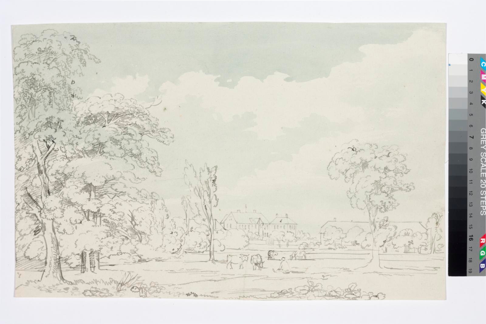tundmatu kunstnik (autor), Landscape with herd and shepherd in foreground