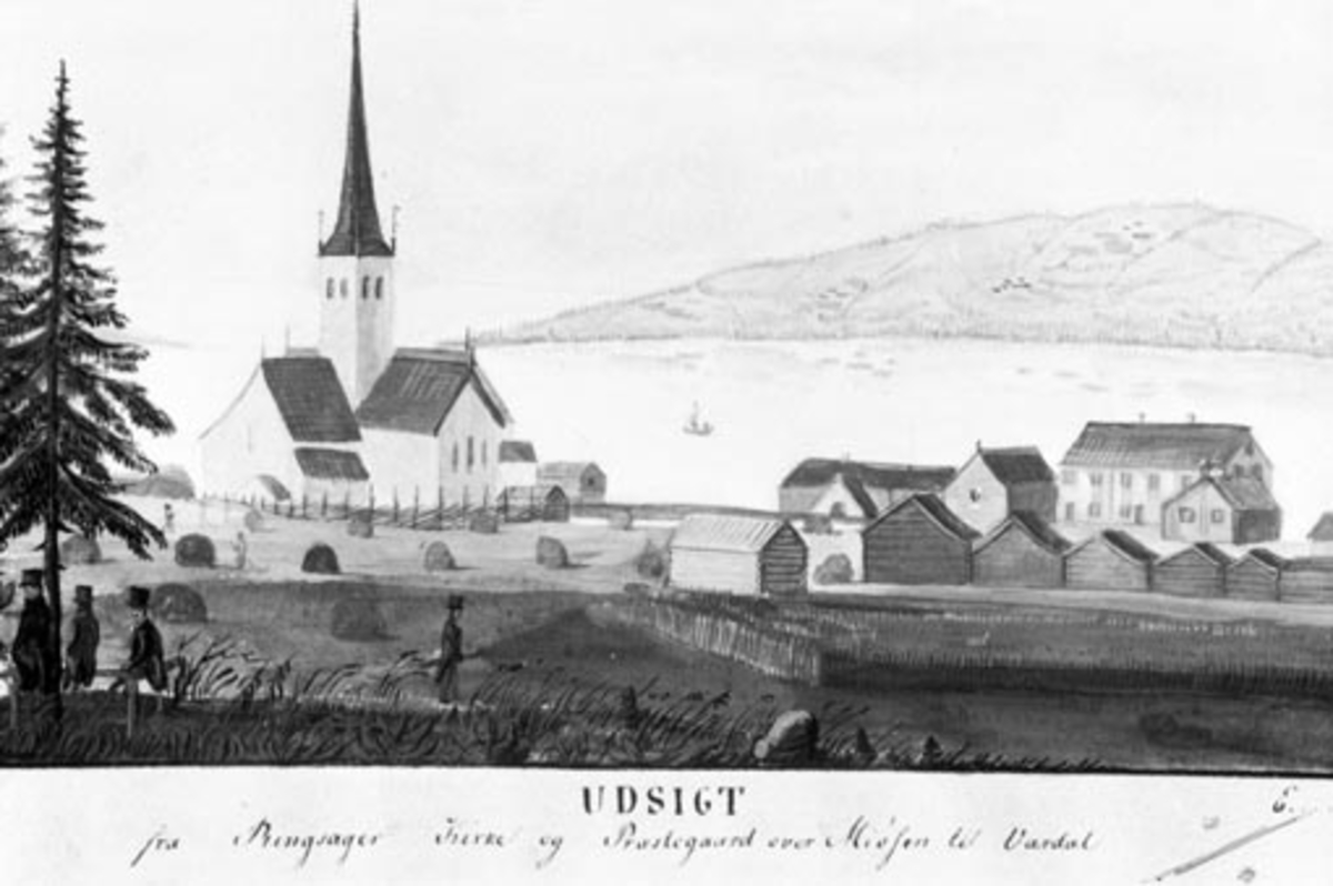 Anno Domkirkeodden, Akvarell av Ringsaker kirke, prestegården og omegn. Staller til høyre.