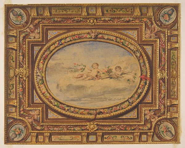 Jules-Edmond-Charles Lachaise, Design for a painted ceiling with putti on clouds in a central oval