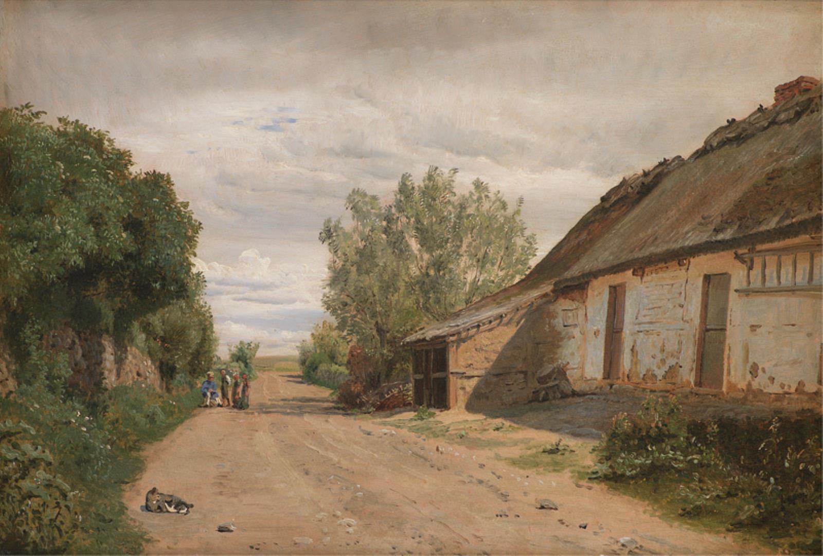 P.C. Skovgaard, I udkanten af landsbyen Vejby. Lundbye sidder ved vejkanten og tegner
