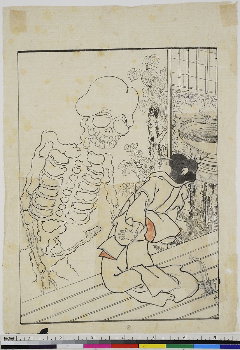 Utagawa Kuniyoshi, Frau wird von einem phallischen Skelett erschreckt