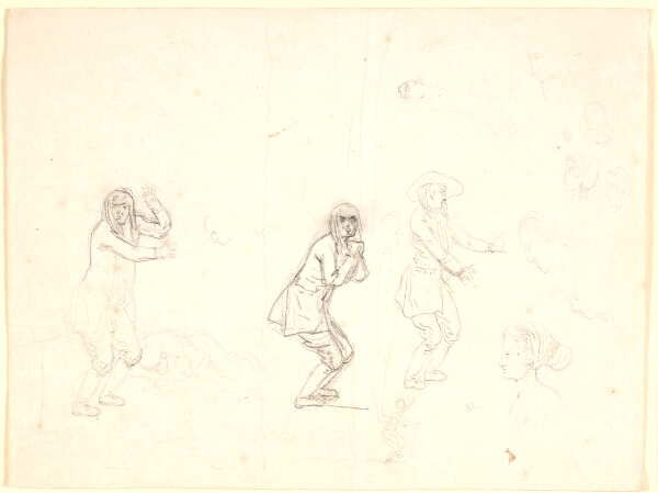 Nicolai Abildgaard, Studier af hoveder og figurer, bl.a. en mandsfigur gengivet tre gange