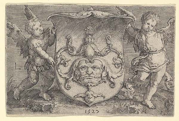 Lucas van Leyden, Coat of Arms with a Mask, Held by Two Genii