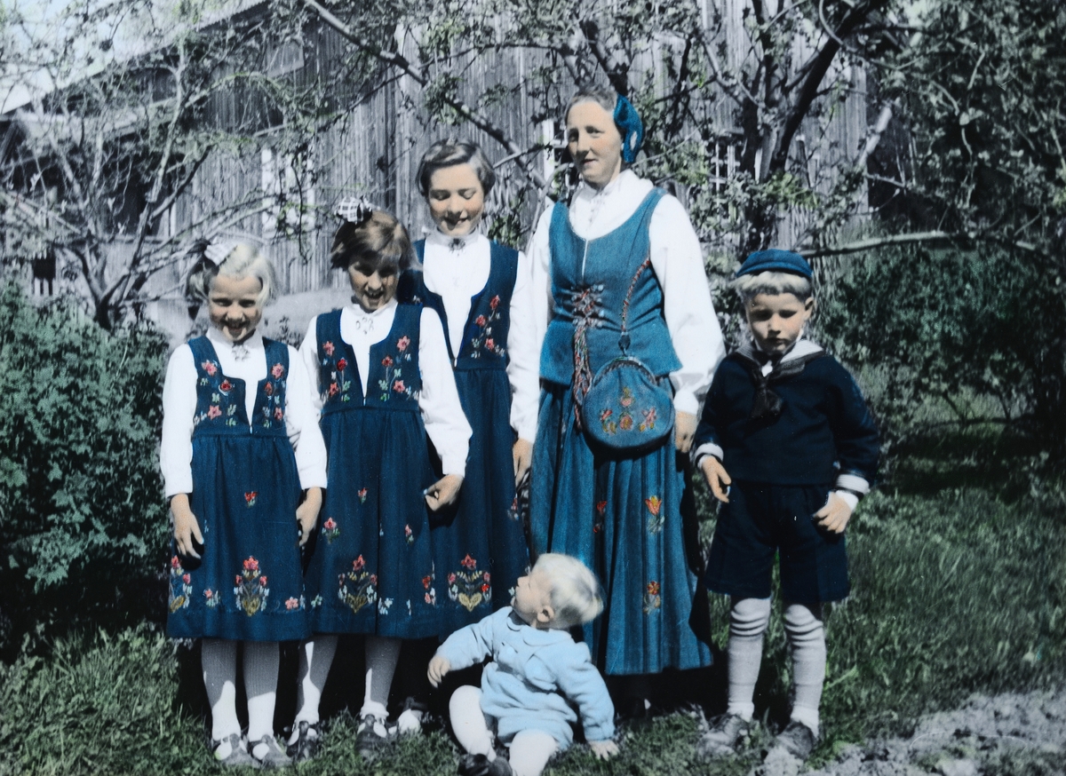 Ukjent, Vie i Vallset, 17. mai 1951. F. v Bodil, Synnøve, Anne Petra, Marie og Anders. Sittende foran Tor, alle med etternavn Fjellet. Bunader.