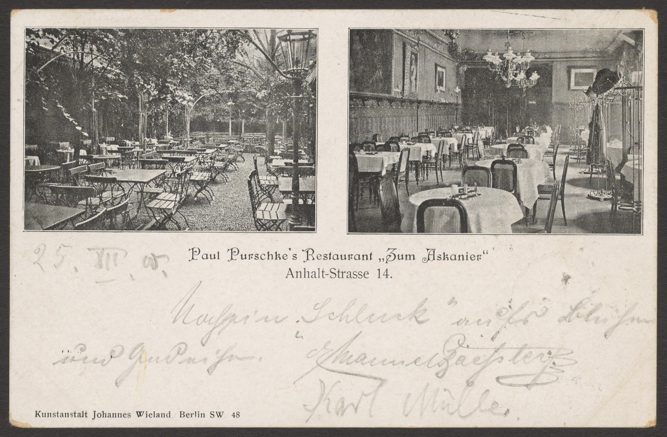 J. Wieland & Co., Ansichtskarte Restaurant "Zum Askanier" mit Außenbereich, Anhaltstraße 14 [2/2]