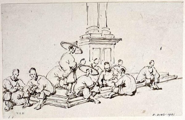 George Chinnery, Chinese figures on steps below paired columns