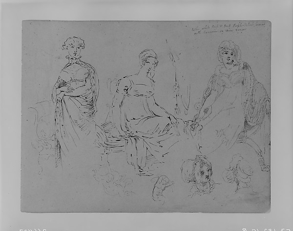 Thomas Sully, One Standing Woman; Two Seated Women in Fashionable Attire, All 3/4 Length; Two Female Heads in Bonnets (from Sketchbook)