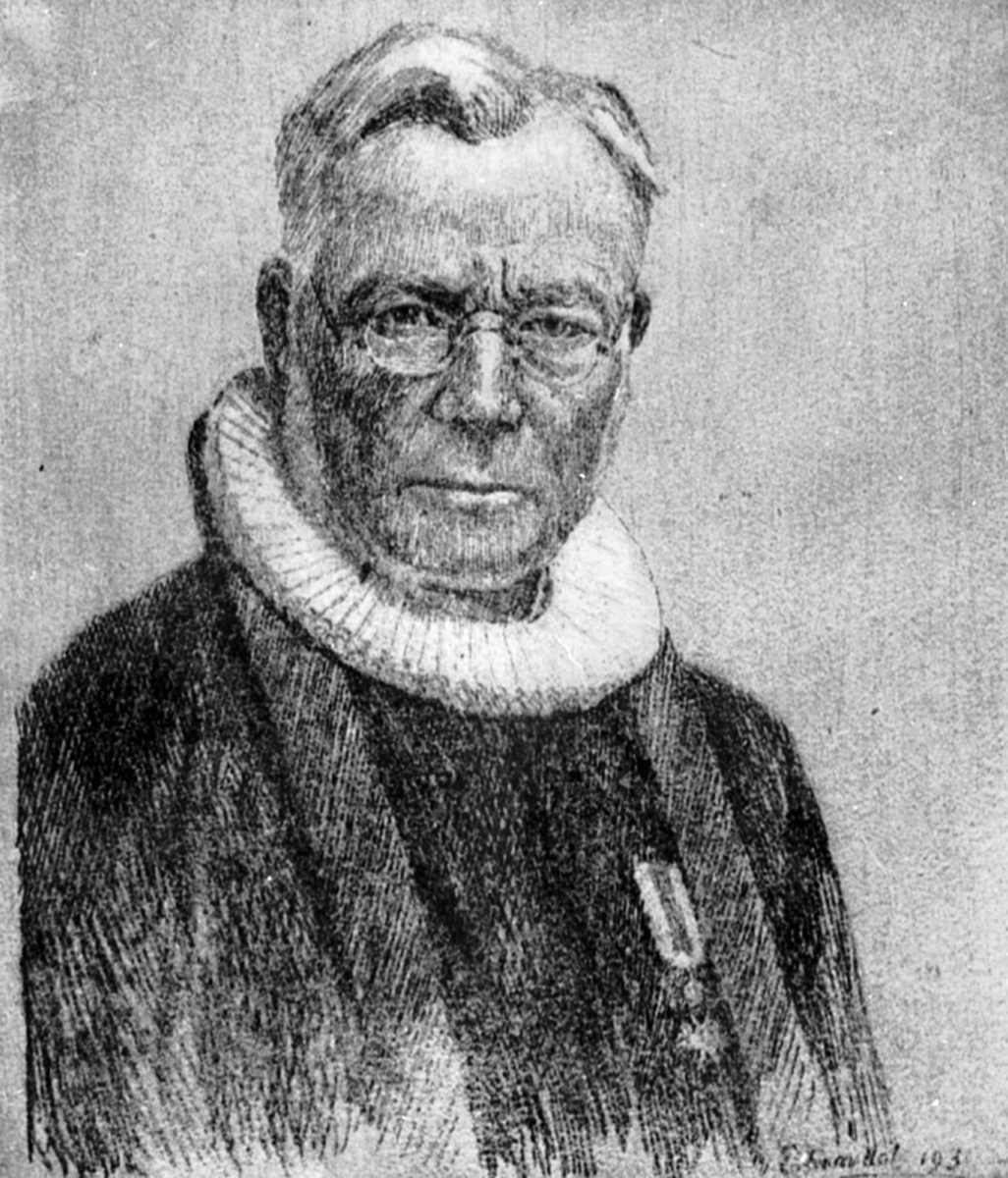 Anno Domkirkeodden, Portrett av pastor Reinert Svendsen, Veldre, Ringsaker. Radering av Even Framdal.
