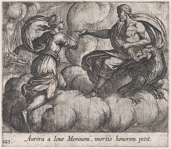 Antonio Tempesta, Plate 125: Aurora Asking Jupiter to Honor Memnon (Aurora a Iove Memnoni, mortis honorem petit), from Ovid's 'Metamorphoses'