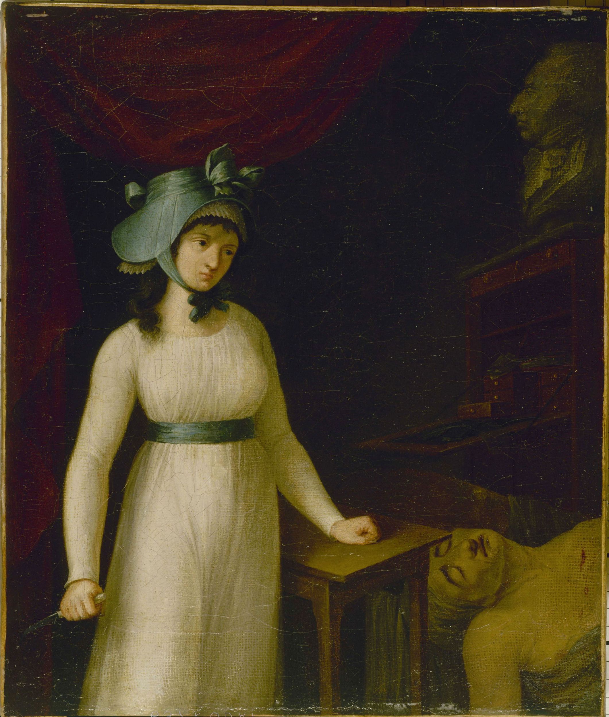 Anonyme, Portrait de Charlotte Corday (1768-1793) au moment où elle vient d'assassiner Marat.
