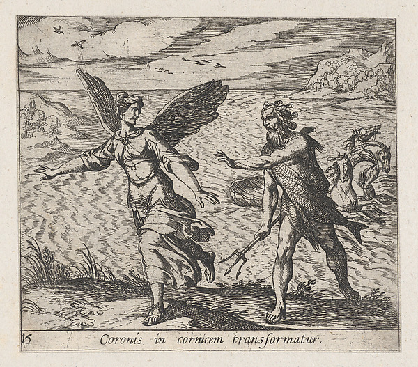 Antonio Tempesta, Plate 15: The Daughter of Croneus Changed into a Cow (Coronis in cornicem transformatur), from Ovid's 'Metamorphoses'