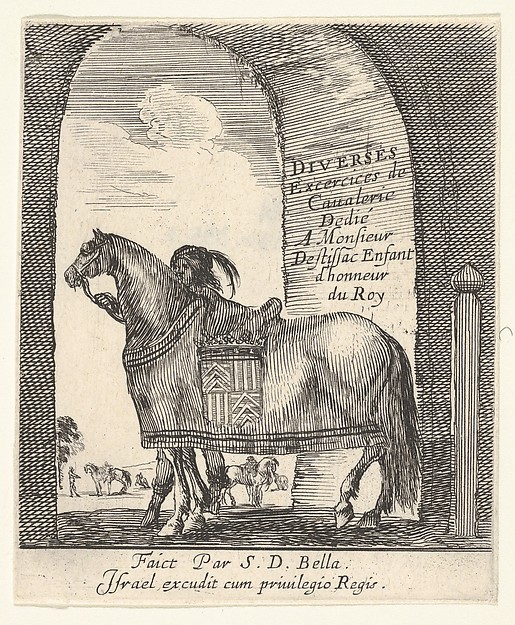 Stefano della Bella, Beneath an archway, a groom holds the bridle of a horse shown in profile, facing left, the title page for "Various cavalry exercises" (Diverses exercices de cavalerie)