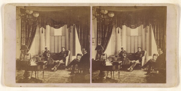 Unknown, [Two men and a woman in a sitting room]