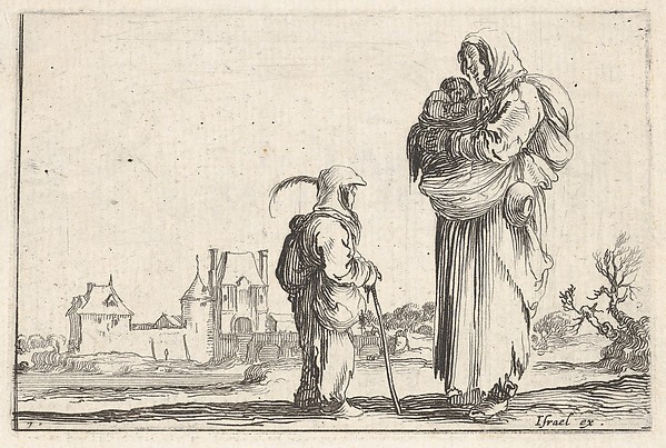 Stefano della Bella, Plate 7: A peasant woman carrying a child to right, speaking to another child standing facing right in center, a castle to left in the background, from "Caprice faict par de la Bella"