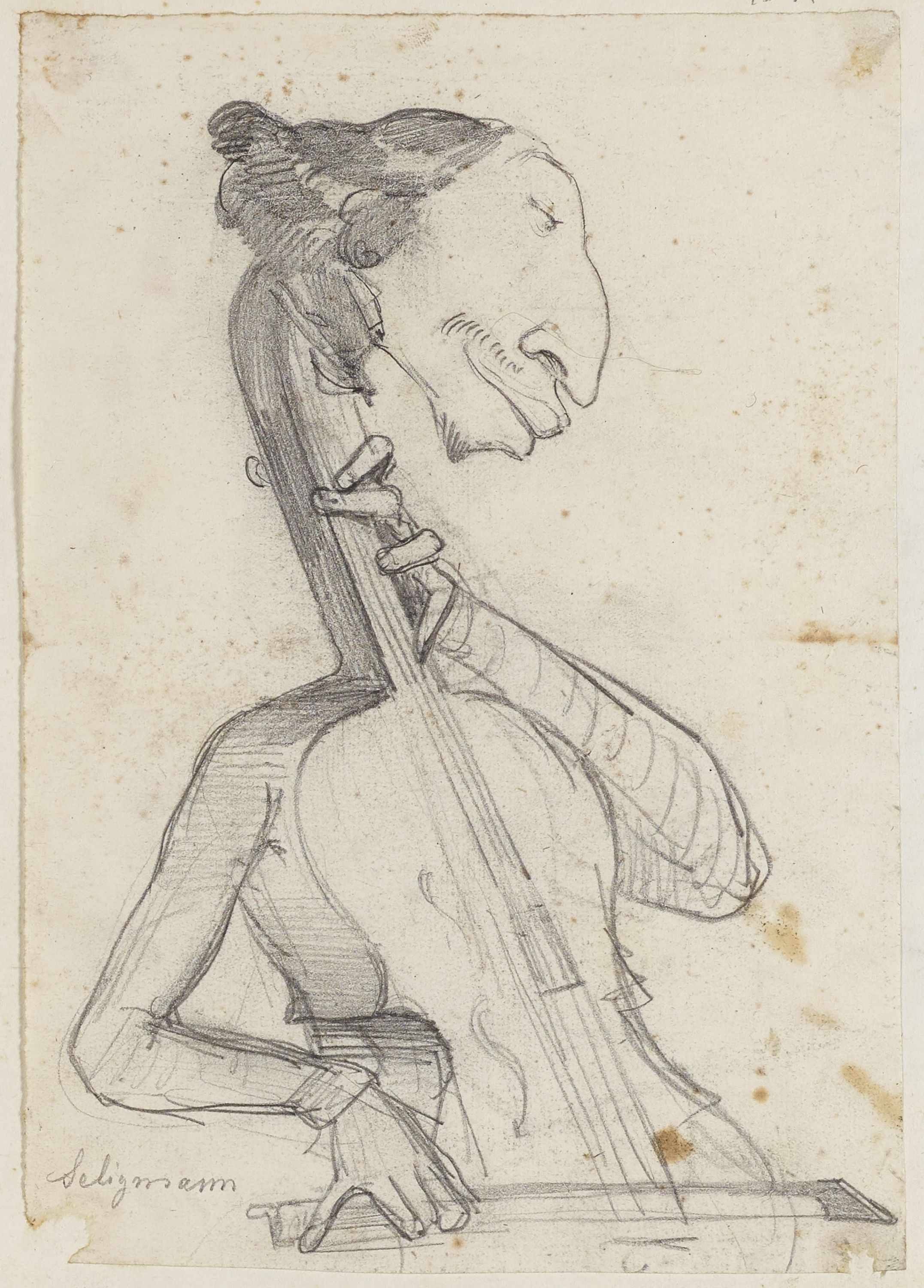 Anonyme, Portrait-charge d'un homme violoncelle (Prosper Seligmann)