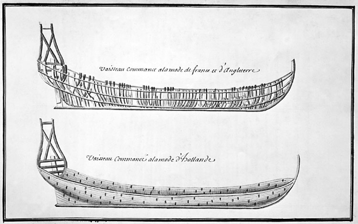 Olof Hasslöf, Bed sketch of a boat, from the side. The upper picture shows only the spit and the lower picture with table planks.
