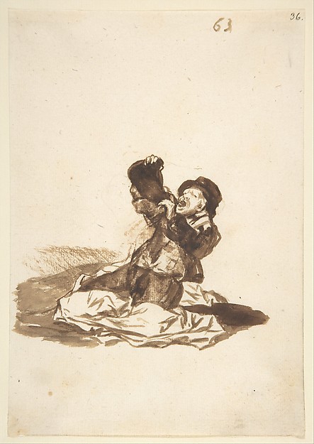 Goya (Francisco de Goya y Lucientes), A man on the ground drinking from a wine skin; folio 63 from the "Images of Spain" Album (F)